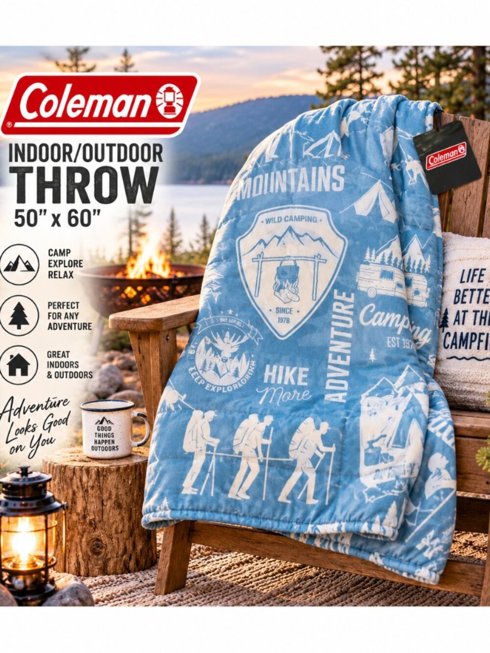 Coleman Indoor Outdoor Mountain Adventure Throw Blanket 50x60 NWT